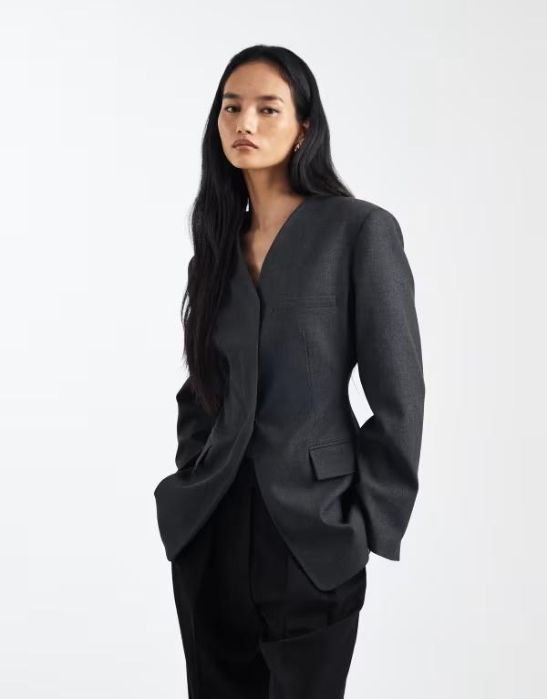 エイソス レディース アウター ジャケット・ブルゾン ブレザー ASOS DESIGN high break point collarless blazer CHARCOAL チャコール