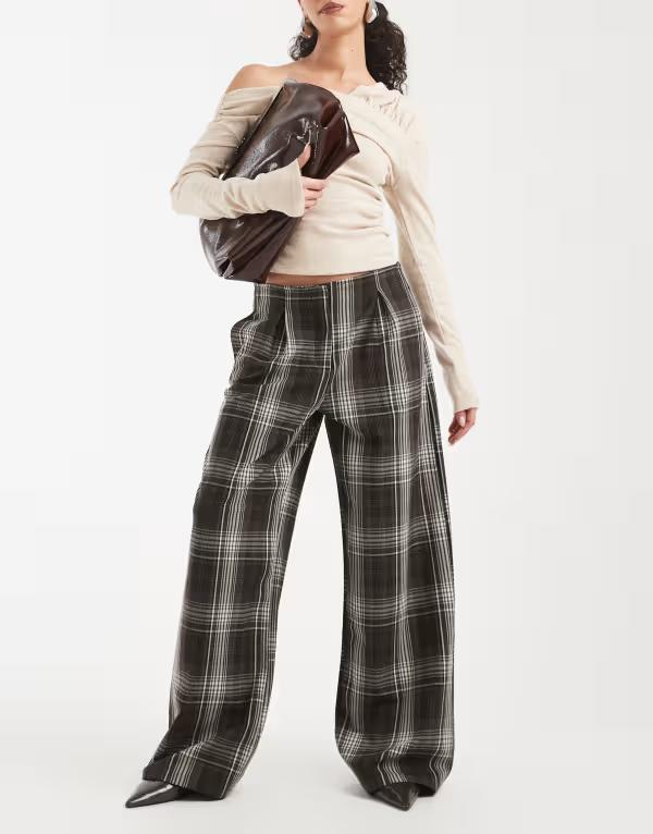 エイソス レディース ボトムス カジュアルパンツ ストレート ASOS DESIGNo waistband straight leg pants check BROWN PLAID ブラウン