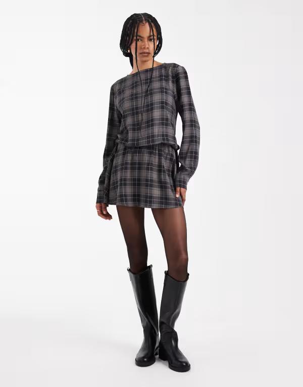 エイソス レディース トップス ワンピース ドレープ ミニ ASOS DESIGN drop waist draped mini dress in brushed check Brown Check ブラウン 14,186円