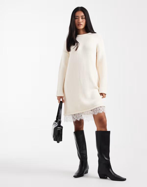 エイソス レディース トップス ワンピース レーストリム ミニ レース ニット ASOS DESIGN knit mini dress with lace trim detail in ecru エクリュ｜ReVida 店 14,896円