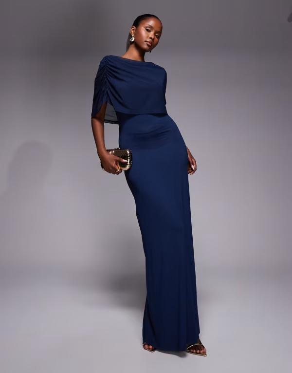 エイソス レディース トップス ワンピース ケープデザイン メッシュ キャップ ケープ マキシ ASOS DESIGN mesh cape detail maxi dress Navy ネイビー