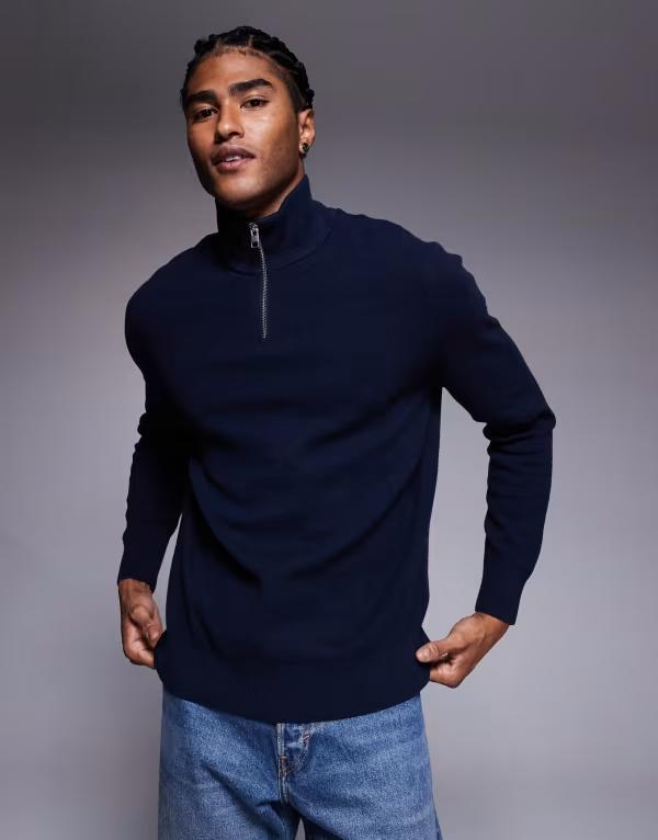 エイソス メンズ アウター ニット・セーター ハーフジップ ASOS DESIGN relaxed knit half zip sweater NAVY ネイビー