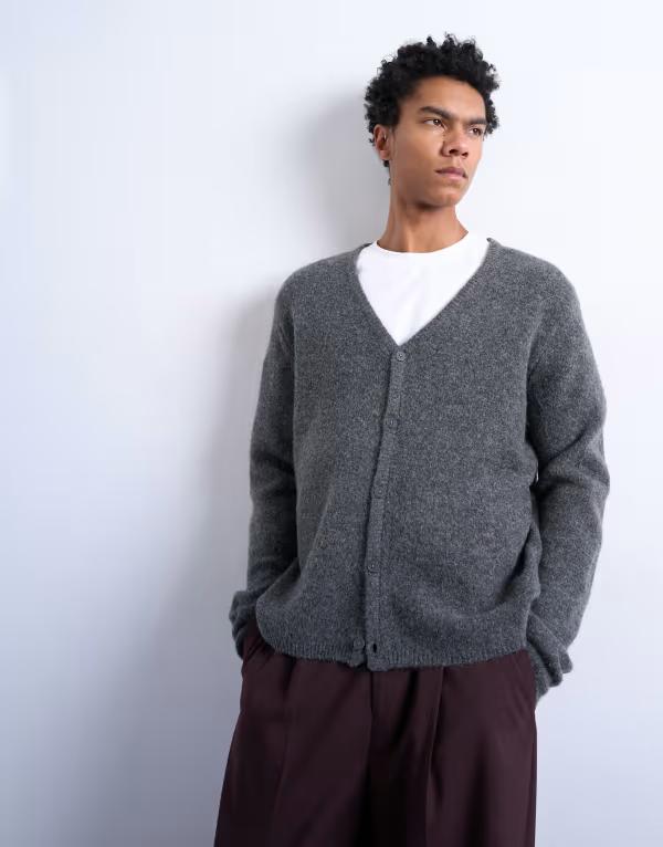 トップマン メンズ アウター カーディガン レギュラーフィット ニット Topman regular fit knit cardigan in charcoal チャコール｜ReVida 店