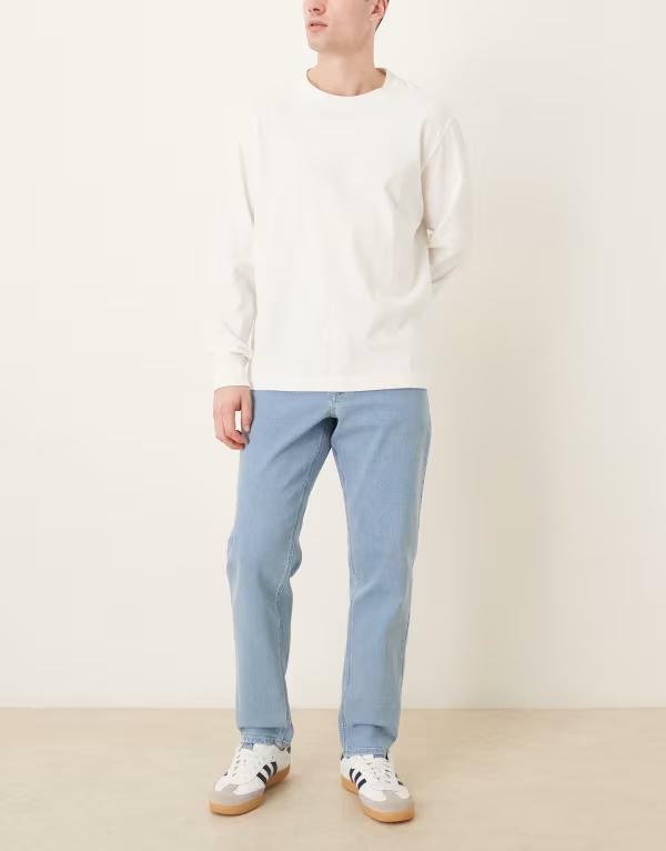 エイソス メンズ ボトムス デニムパンツ ジーンズ ASOS DESIGN stretch tapered jeans in light stone wash Stonewash blue ブルー