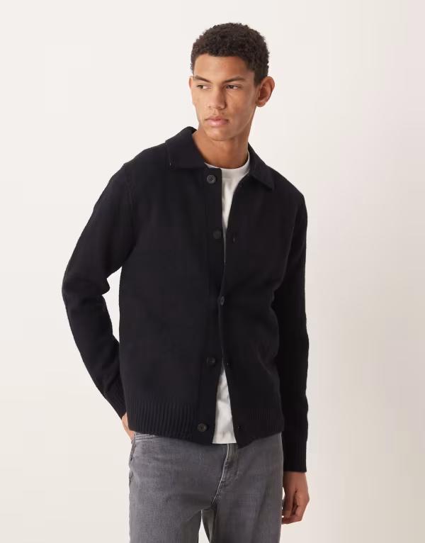 マンゴ メンズ アウター ジレー 編み物 Mango knit collared cardigan BLUE 青み