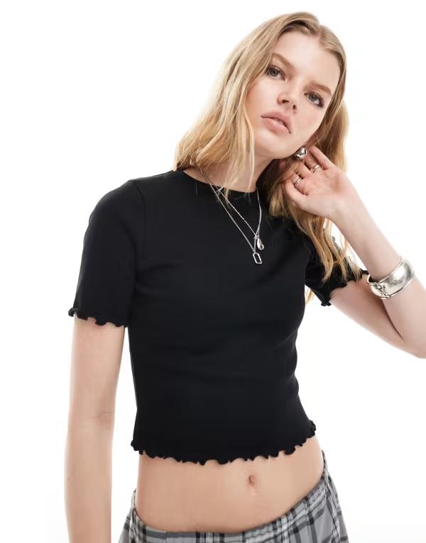 コルージョン レディース トップス シャツ リブ COLLUSION lettucedge ribbed T-shirt Black ブラック
