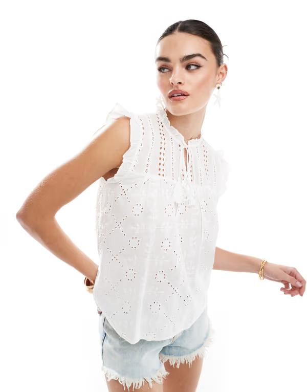 オンリー レディース トップス シャツ ノースリーブ ONLY broidery sleeveless top Cloudancer ホワイト