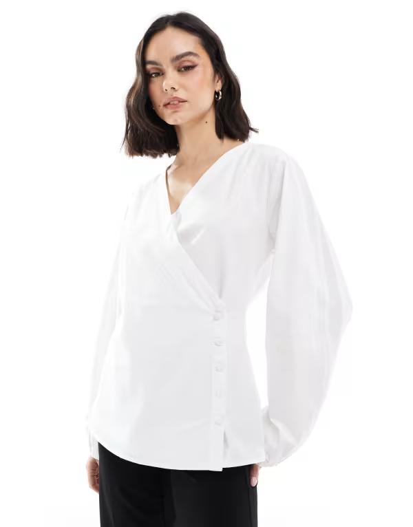エイソス レディース トップス シャツ ASOS DESIGN poplin wraplacket cocoon sleeve shirt White ホワイト