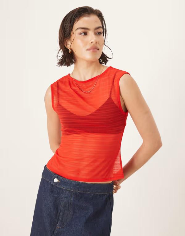 エイソス レディース トップス シャツ メッシュ ASOS DESIGN boat neck short sleeve meshirred top Red レッド