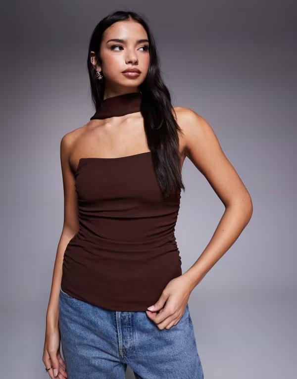 エイソス レディース トップス タンクトップ ASOS DESIGN longline structured bandeau top with scarf neck detail in chocolate チョコレート
