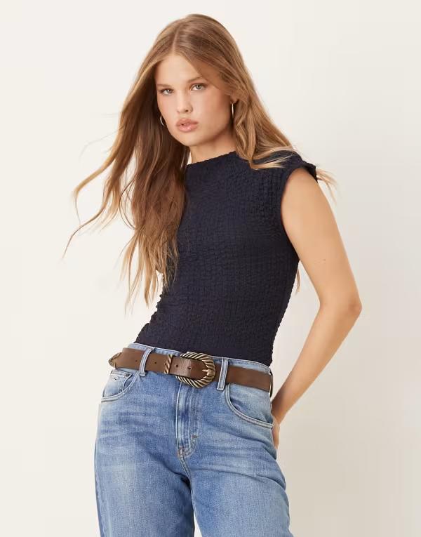 マンゴ レディース トップス プルオーバー ノースリーブ 旗がしら Mango cap sleeve textured sleeveless top NAVY 米国海軍