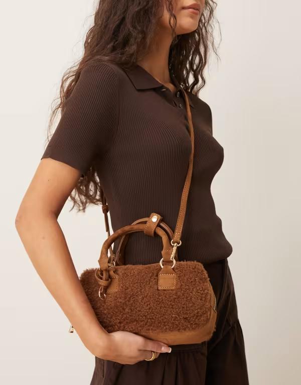 エイソス レディース バッグ ミニ ASOS DESIGN mini bowler crossbody bag in borg with detachable strap in tan タン