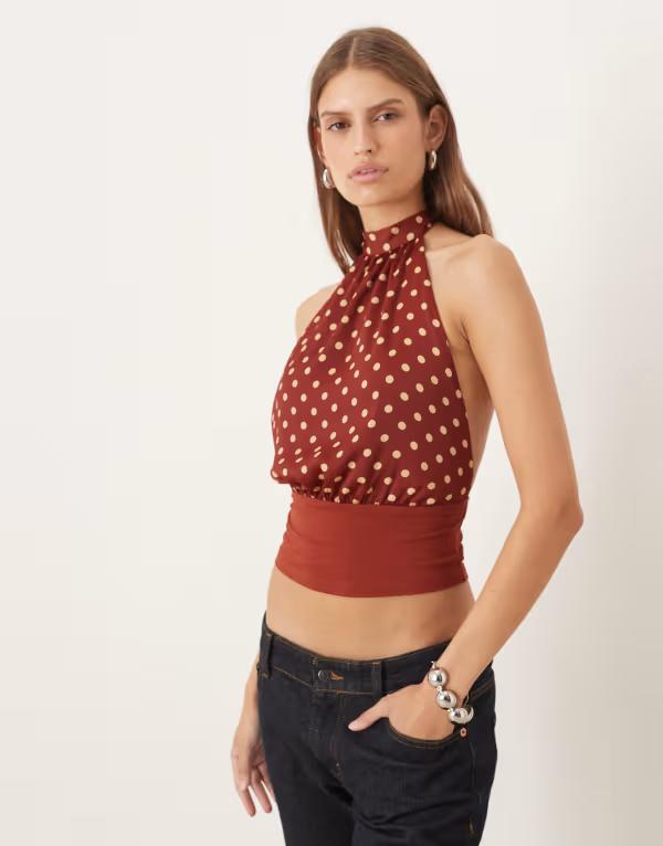 モーテル レディース トップス シャツ ドット柄 ドット Motel Rania tie neck polka dotop in burnt RED レッド