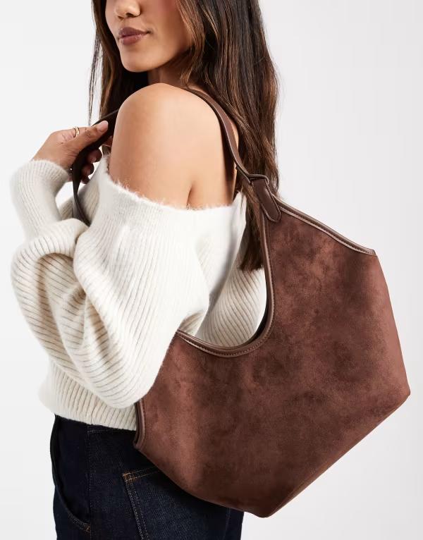 グラマラス レディース バッグ スエード Glamorous faux suede structured shoulder bag in dark BROWN ブラウン