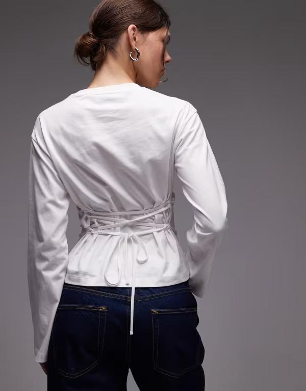 エイソス レディース トップス プルオーバー スピード競技 ASOS DESIGN long sleeve corset-shirt with tie back lace up detail Coconut milk 白いこと