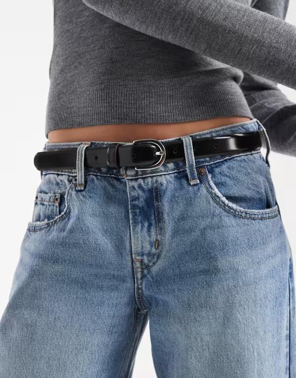 ピーシーズ レディース アクセサリー ベルト レザー Pieces leather belt with silver buckle Black & silver ブラック