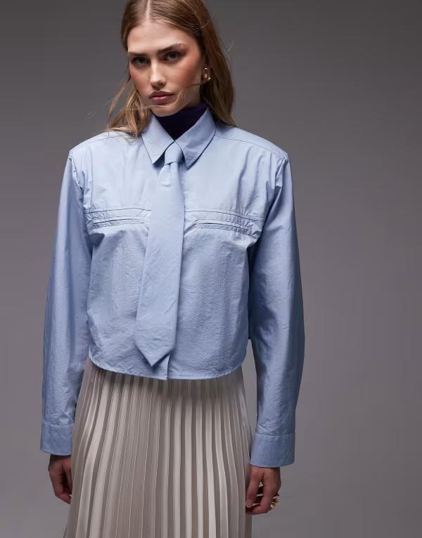 エイソス レディース トップス シャツ ナイロン クロップド ASOS DESIGN boxy cropped nylon shirt with tie BLUE ブルー