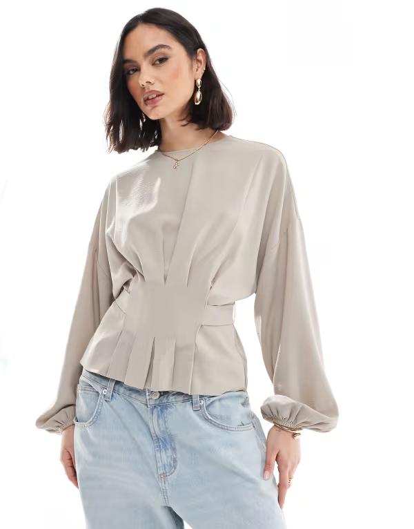 エイソス レディース トップス シャツ ウエストマーク ブラウス ASOS DESIGN cinched waist blouse with tie back detail in stone ストーン｜ReVida 店