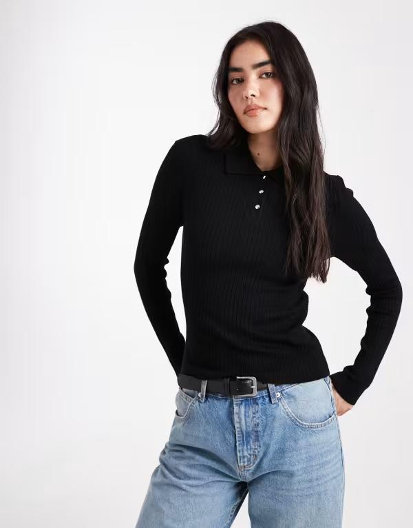 オンリー レディース トップス ポロシャツ リブ ONLY ribbed long sleeve polo in light Black ブラック
