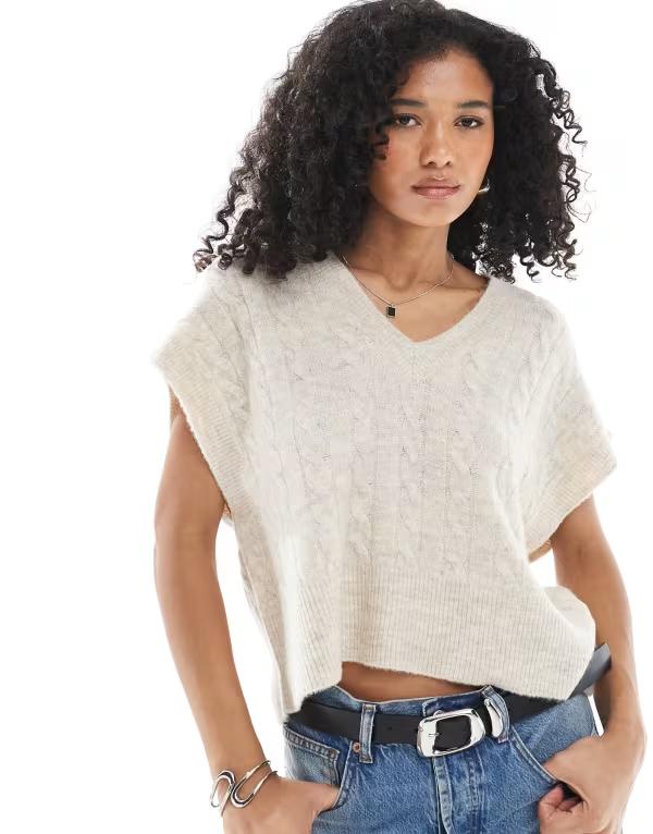 オンリー レディース トップス ベスト ニット ONLY boxy cable knitop in oatmeal オートミール