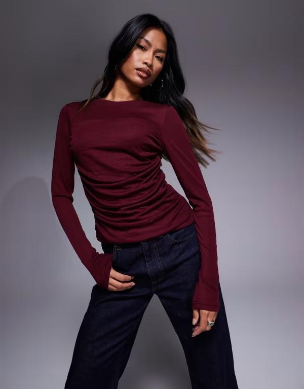 エイソス レディース トップス プルオーバー ドレープ プルオーバー ASOS DESIGN soft jersey drape long sleeve top Burgundy バーガンディ