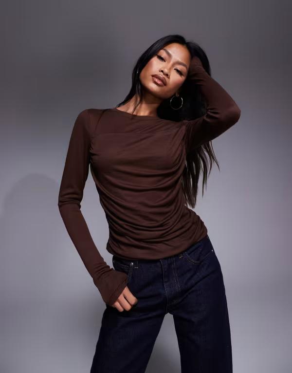 エイソス レディース トップス プルオーバー ドレープ プルオーバー ASOS DESIGN soft jersey draped long sleeve top インチ chocolate Brown 赤銅色