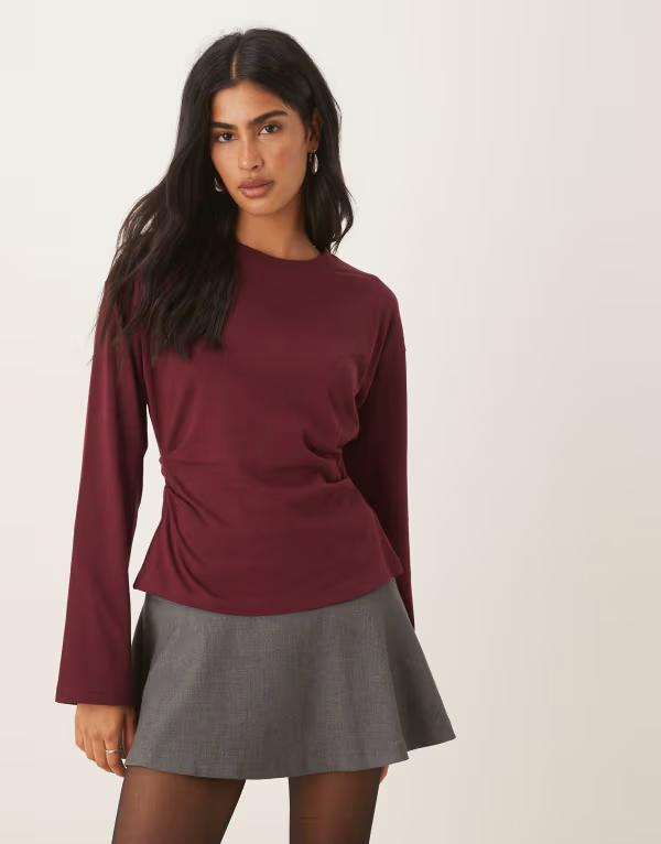 エイソス レディース トップス プルオーバー ASOS DESIGN long sleeve corset waistee Burgundy バーガンディ