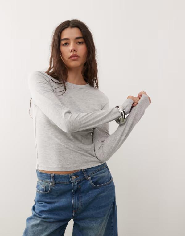コルージョン レディース トップス Tシャツ COLLUSION long sleeve baby tee in heather Gray Heather グレー