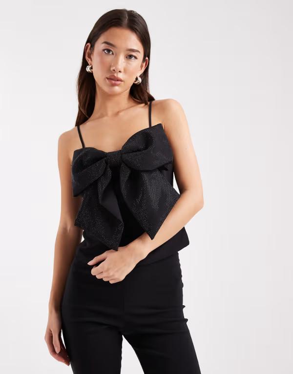 オンリー レディース トップス シャツ スパンコール クロップド ONLY sequin bow cropped cami top Black ブラック