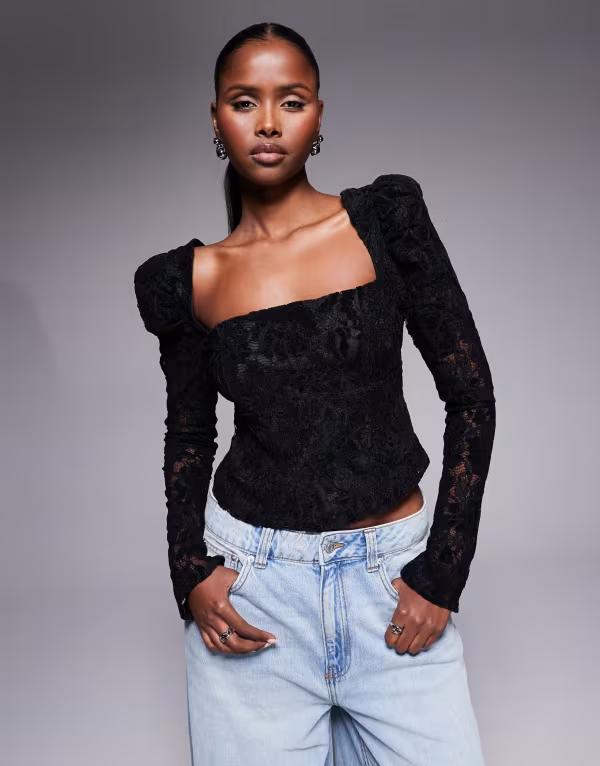 エイソス レディース トップス シャツ レース ASOS DESIGN long sleeve corsetop in lace black ブラック