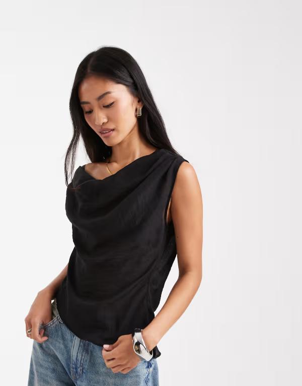 エイソス レディース トップス 貯蔵タンクいの一番 ドレープ オフショルダー シアー ASOS DESIGN off-shoulder draped sheer top Black 黒いこと レディースファッション-トップス