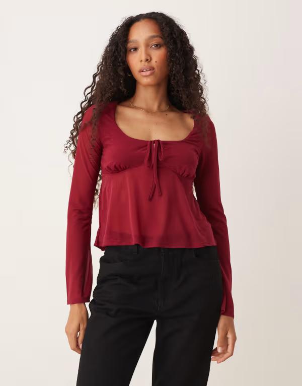 エイソス レディース トップス プルオーバー メッシュ ASOS DESIGN mesh floaty flare sleeve top Burgundy バーガンディ