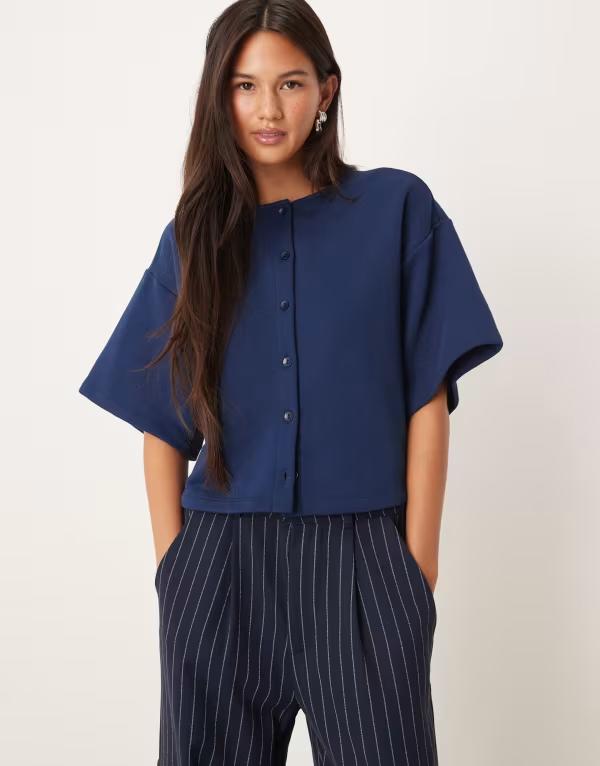 エイソス レディース トップス シャツ ASOS DESIGN boxy button through sweats top NAVY ネイビー