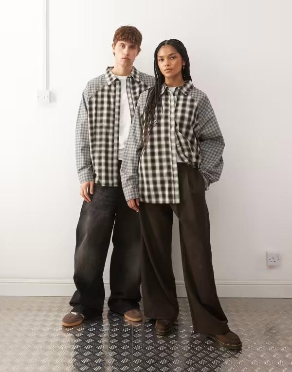 コルージョン レディース トップス シャツ COLLUSION Unisex spliced oversized shirt plaid Gray グレー|ReVida 店