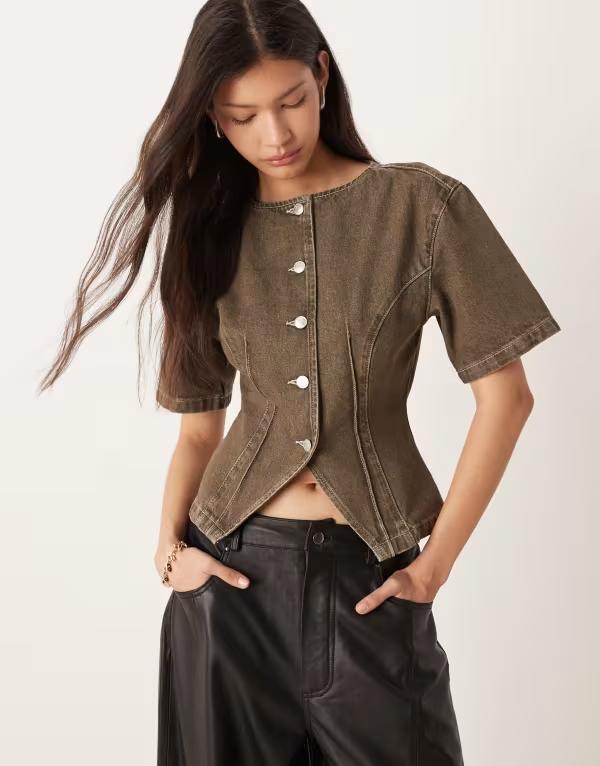 エイソス レディース トップス シャツ デニム ASOS DESIGN denim cinch waist short sleeve collarless top in olive GREEN グリーン 14,785円