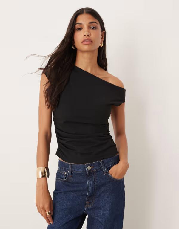 エイソス レディース トップス プルオーバー ギャザー ASOS DESIGN off shoulderuchedetail top Black 黒いこと
