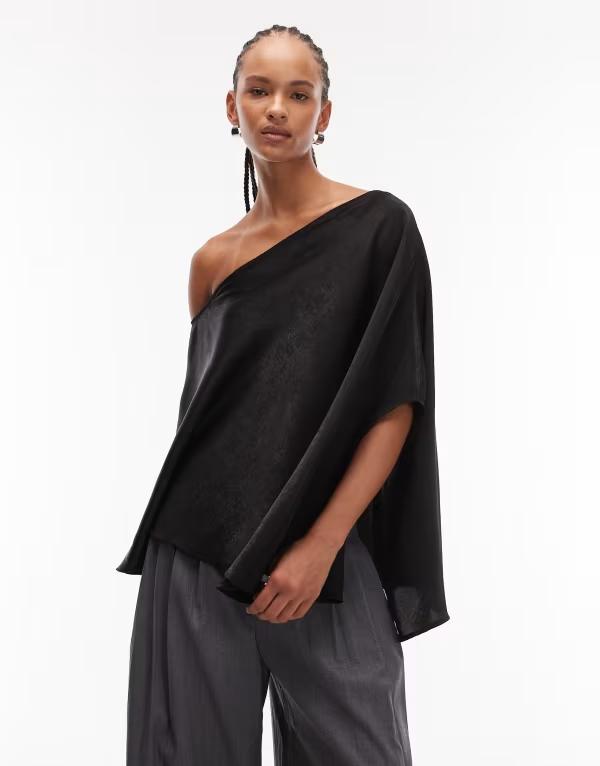 エイソス レディース トップス シャツ ケープデザイン サテン キャップ ケープ ASOS DESIGN satin one shoulder cape top Black ブラック