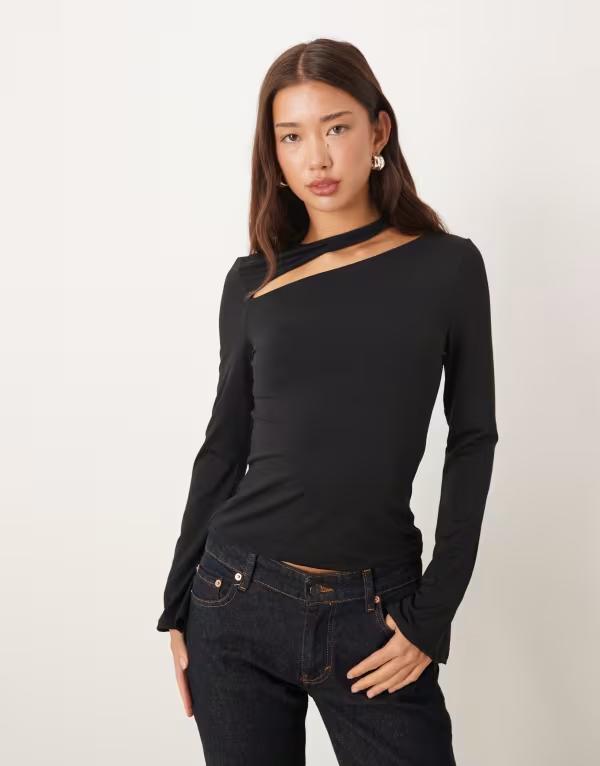 エイソス レディース トップス プルオーバー カットアウト 綿織物 ASOS DESIGN cotton touch long sleeve top with cut out detail Black 黒いこと