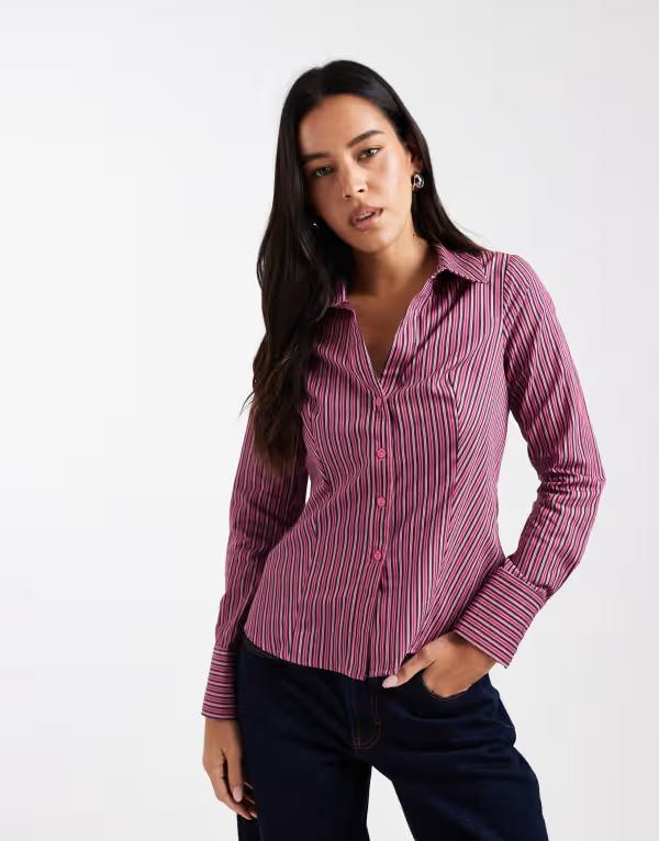 ミスセルフフリッジ レディース トップス シャツ Misselfridge poplin fitted shirt in fig and pink stripes Pink Stripe ピンク
