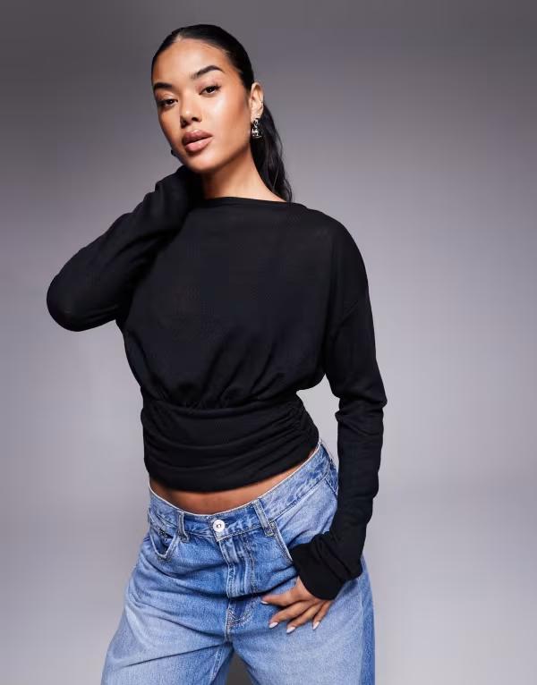 エイソス レディース トップス プルオーバー 非対称 編み物 ASOS DESIGN knit-look asymmetric one shoulder long sleeve top with cinch waist detail Black 黒いこと