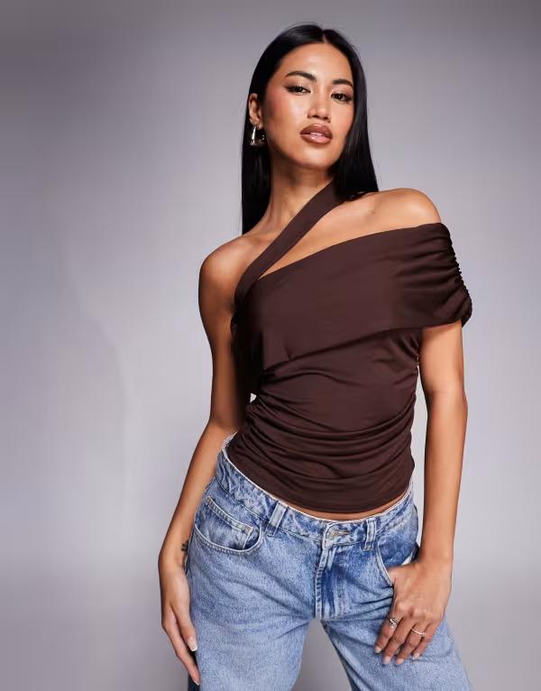 エイソス レディース トップス シャツ アシンメトリー ASOS DESIGN asymmetric one shoulder fold over off the shoulder top Brown ブラウン