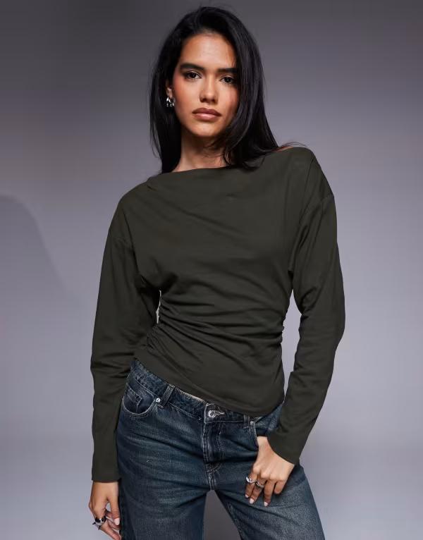エイソス レディース トップス プルオーバー ギャザー ASOS DESIGN ruched sides long sleeve tee インチ dark olive Dark olive オリーブ