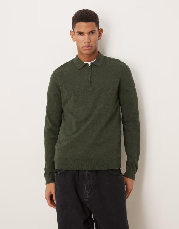 セレクティッド レディース トップス Tシャツ ハーフジップ ポロシャツ コットン Selected 100% cotton long sleeve half zipolo in dark Forest Night フォレスト