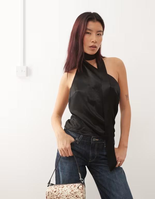 コルージョン レディース トップス ベスト サテン COLLUSION satin party scarf top Black ブラック