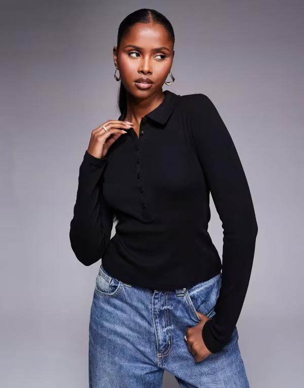 エイソス レディース トップス Tシャツ ポロシャツ リブ ASOS DESIGN long sleeve ribbed polo shirt Black ブラック