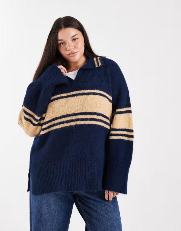 オンリーカーブ レディース トップス ポロシャツ ニット ONLY Curve striped knit polo shirt NAVY ネイビー｜ReVida 店