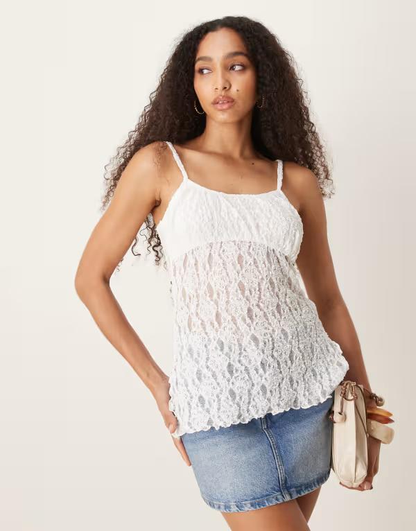 エイソス レディース トップス シャツ レース ASOS DESIGN lace cami top with gathered bust detail Ivory アイボリー