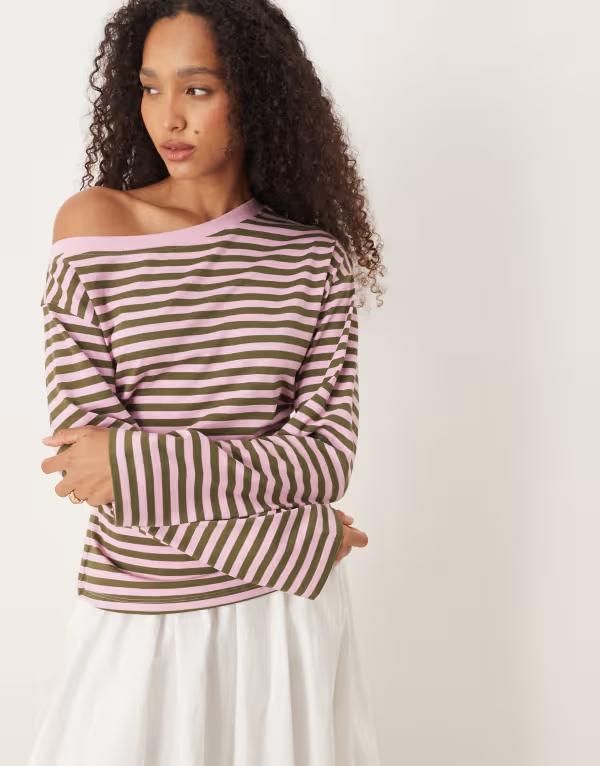 エイソス レディース トップス Tシャツ ASOS DESIGN long sleeve off the shoulder corset waistee & green stripes Pink/Green Stripe ピンク