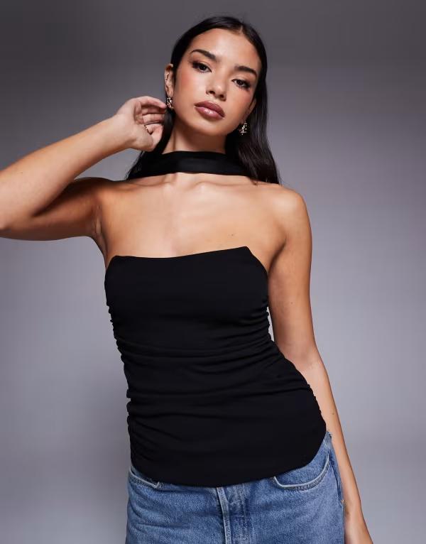 エイソス レディース トップス タンクトップ ASOS DESIGN longline structured bandeau top with scarf neck detail Black ブラック