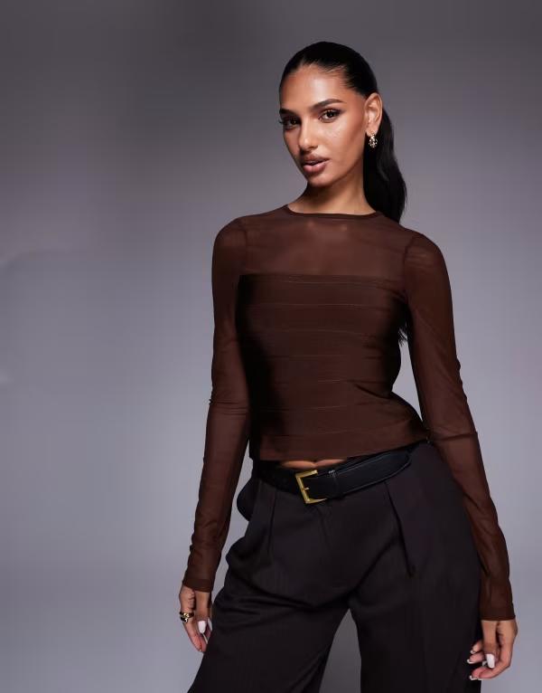 エイソス レディース トップス シャツ メッシュ ASOS DESIGN bandage panel mesh long sleeve top in chocolate チョコレート